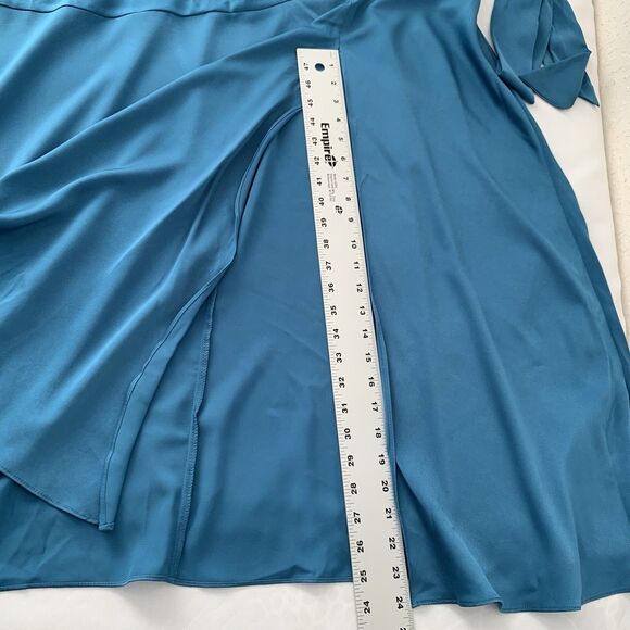 NWT Eloquii Satin Maxi Dress Women 22 Teal Shoulder Pads Belt Slit Glam Feminine - Picture 10 of 15